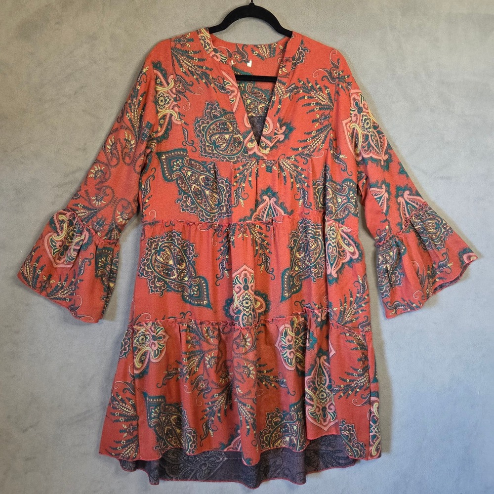 Boho V-Neck Paisley Tiered Mini Dress Women Medium Bell Sleeve Peasant Hippie